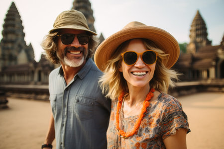 Portrait of happy senior couple in sunglasses and hats looking at camera and smiling while standing in front of ancient templeの素材