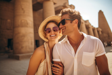 Romantic couple looking at each other and smiling while standing in front of the Karnak temple in Luxor, Egyptの素材