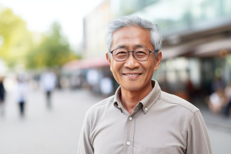 Portrait of happy asian senior man smiling at camera in cityの素材