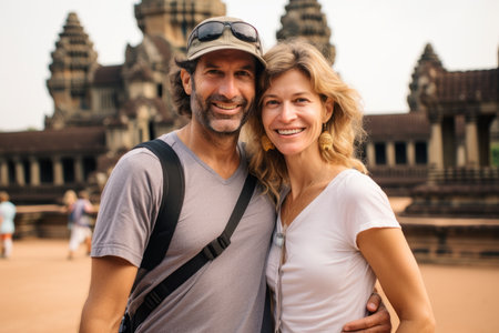 Portrait of a smiling couple standing in front of Angkor Watの素材