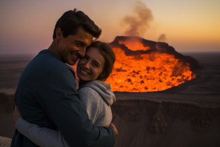 Happy couple in love embracing and looking at volcano eruption on the backgroundの素材