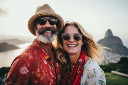 Portrait of a happy senior couple on vacation in Santorini, Greeceの素材