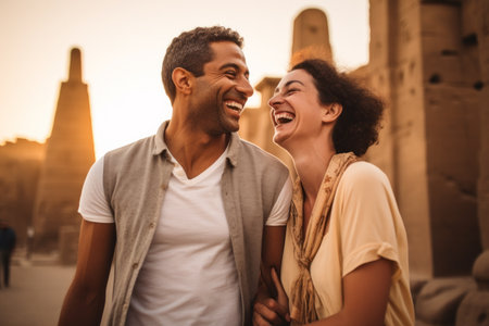 Cheerful mixed race couple looking at each other and laughing while standing in front of the templeの素材