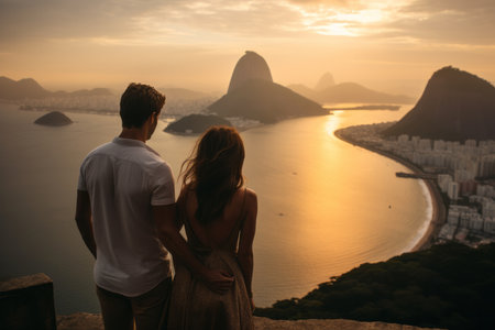 Couple in love looking at the sunset in Rio de Janeiro, Brazilの素材