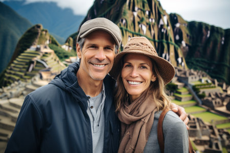 Portrait of smiling couple in hats and scarfs looking at camera on top of the mountainの素材