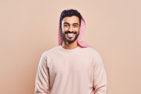 Portrait of a smiling arabic man in a beige hoodie on a beige backgroundの素材