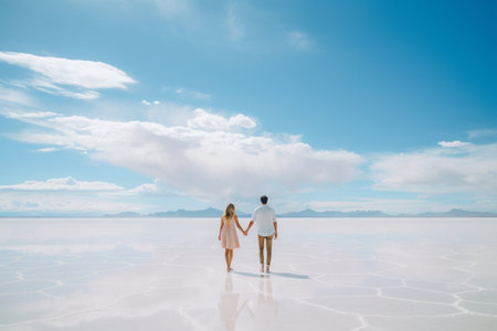Couple standing on the salt lake with blue sky and white cloudsの素材