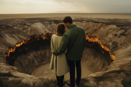 Young couple in love hugging and looking into the distance on the background of the volcanoの素材