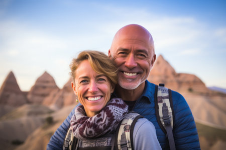 Portrait of smiling couple looking at camera while standing in the mountainsの素材