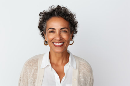Close up portrait of a smiling businesswoman looking at camera over white backgroundの素材