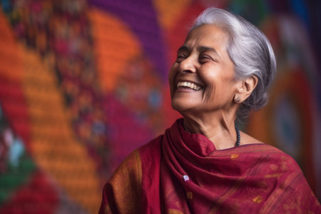 Portrait of a smiling senior woman in saree against colorful backgroundの素材
