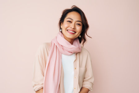 smiling asian woman in beige shirt and pink scarf isolated on pinkの素材