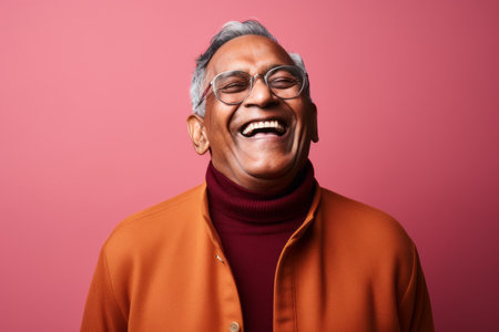 Portrait of a happy senior asian man laughing isolated over pink backgroundの素材
