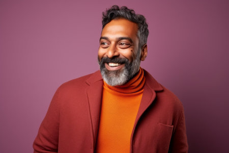 Portrait of a smiling Indian man in coat and orange turtleneckの素材