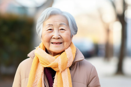 senior asian woman wearing scarf in the city (shallow DOF)