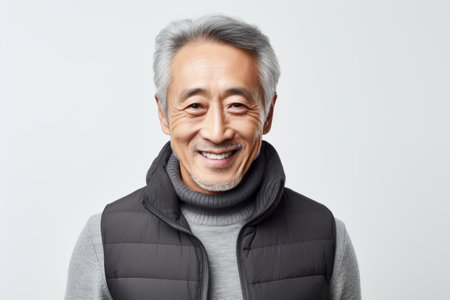 Portrait of a senior asian man wearing winter jacket smiling at cameraの素材