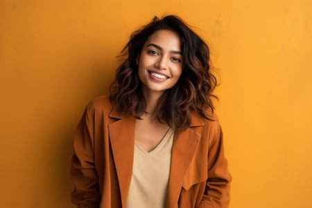Portrait of smiling young woman in beige coat on yellow backgroundの素材