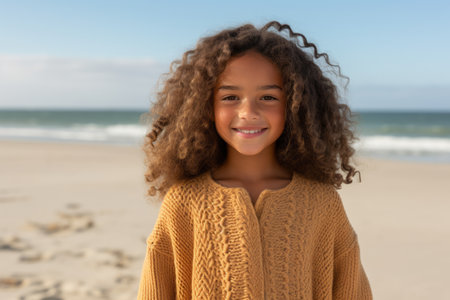 Portrait of smiling little girl with curly hair at beach on a sunny dayの素材