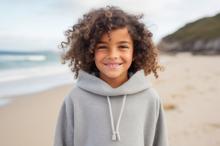Portrait of smiling little girl on the beach at day timeの素材