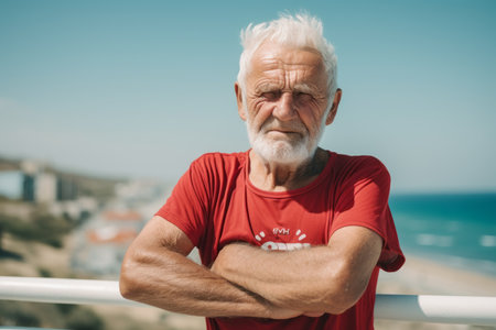 Portrait of a senior man standing on the pier by the seaの素材