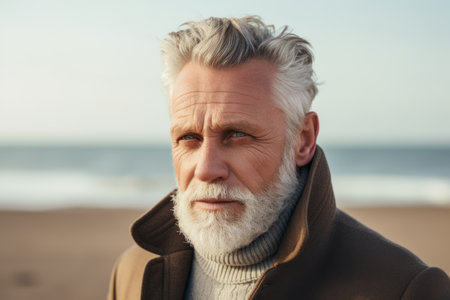 Portrait of handsome senior man in coat looking at camera on beachの素材