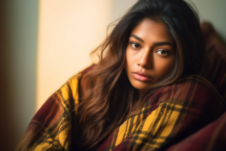 Beautiful young woman wrapped in a blanket sitting on a sofa at homeの素材