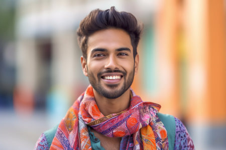 Portrait of young handsome Indian man with colorful scarf in the cityの素材