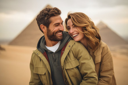 Couple in love looking at each other while standing in front of pyramidsの素材