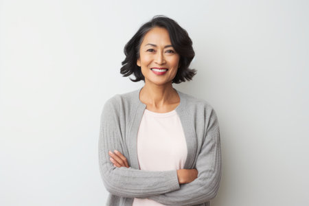Portrait of smiling mature Asian woman with arms crossed against white backgroundの素材