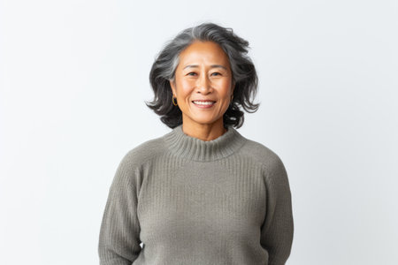 Portrait of a smiling senior asian woman on white background.の素材