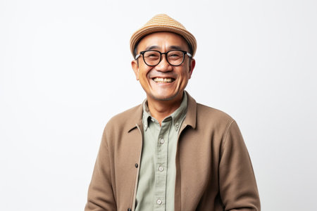 Happy asian man wearing hat and eyeglasses on white backgroundの素材