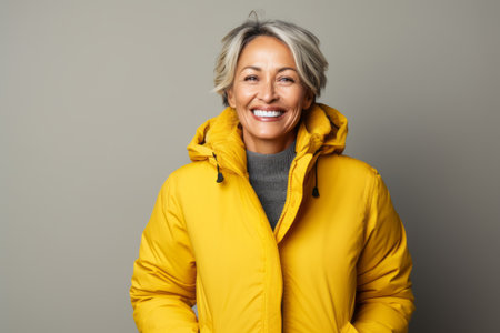 smiling mature woman in yellow jacket looking at camera isolated on grayの素材