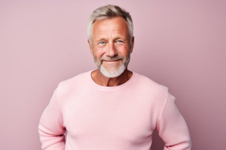 Portrait of a smiling senior man looking at camera on a pink backgroundの素材