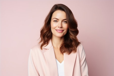 Portrait of a beautiful brunette woman on a pink background.の素材