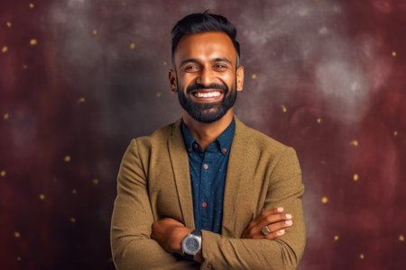 Portrait of a happy indian man standing with crossed arms and looking at cameraの素材