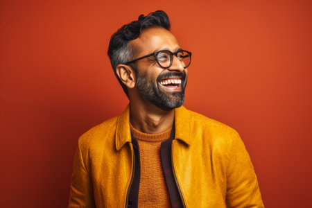 Portrait of a smiling indian man in yellow jacket and glassesの素材