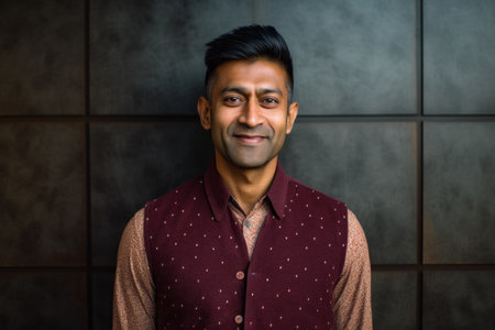 Portrait of a handsome Indian man smiling at the camera against a dark backgroundの素材