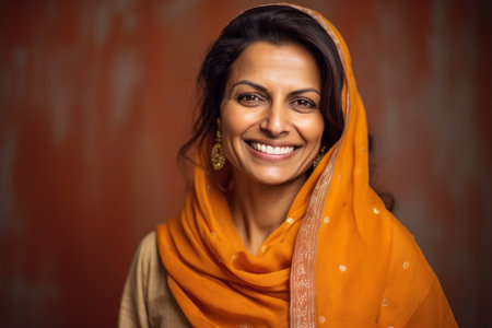 Portrait of a beautiful indian woman smiling at the camera.の素材