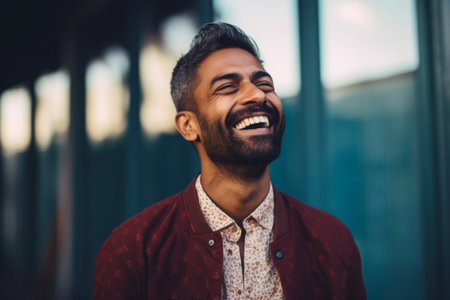 Portrait of a happy young man laughing outdoors. Cheerful young man laughing outdoors.の素材