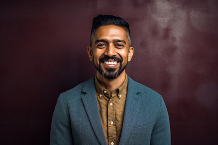 Portrait of a young indian man smiling at the camera.の素材