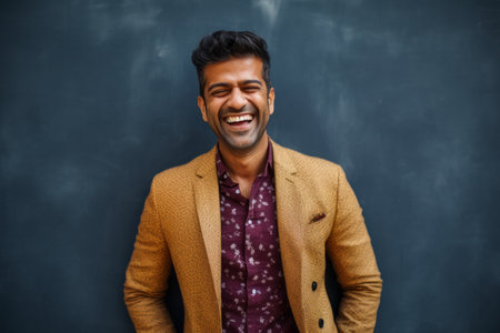 Portrait of happy indian male teacher standing against blackboard in classroomの素材