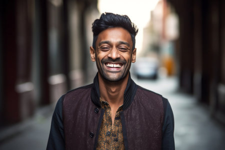 Portrait of a handsome Indian man smiling at the camera in the cityの素材