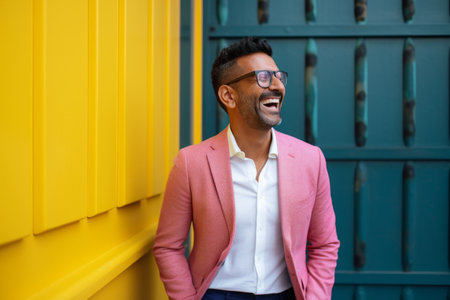 Handsome indian man in pink jacket and eyeglasses smiling while standing against yellow wall outdoorsの素材