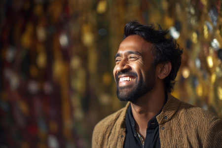 Portrait of a smiling indian man standing in front of a wallの素材