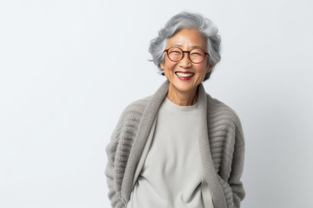Portrait of happy senior asian woman in eyeglasses smiling and looking at cameraの素材