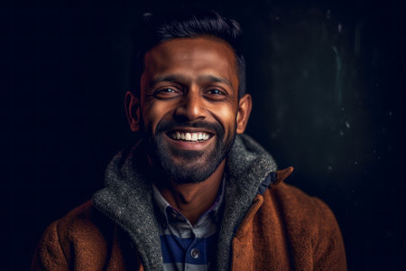 Portrait of a young Indian man smiling at the camera on black backgroundの素材