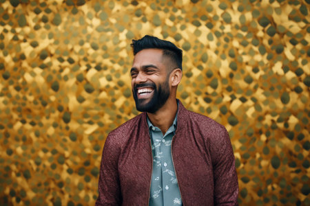 Portrait of a happy young bearded Indian man smiling against a golden backgroundの素材