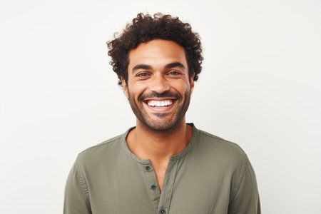 Portrait of a happy young man smiling at camera over white backgroundの素材