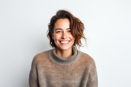 Portrait of a smiling young woman looking at camera over white backgroundの素材