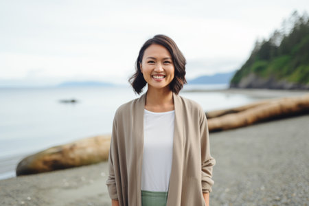 Portrait of a smiling young asian woman standing on the beachの素材
